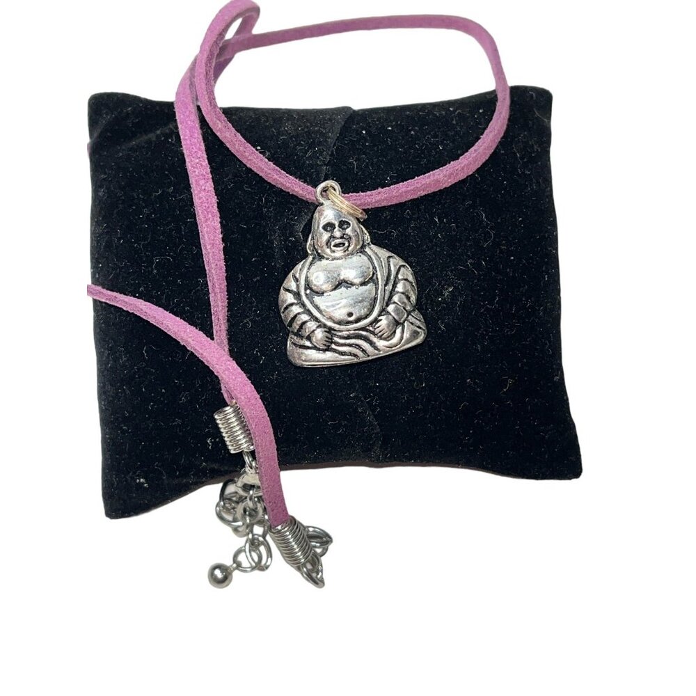 Silver Textured Fat Buddha Charm Amulet Pendant Purple Leather Zen Necklace